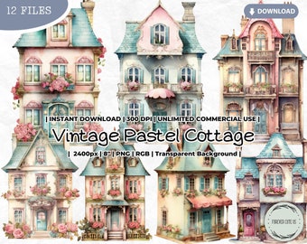 Vintage Pastel Cottage Clipart Bundle, Victorian, French, Fairytale, Home, Doll House, Fairy, PNG Junk Journal Paper Crafts Scrapbooking