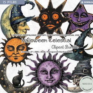 Clipart céleste Halloween, lune, soleil, sorcière, chat noir, croissant de lune, vintage rétro, déesse, motifs, clair de lune, étoile, mauvais yeux, mystère, PNG