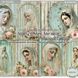Mary's Mint Miracle Journal collageblad, moeder Maria, Maagd Maria, junk Journal Kit, katholiek, gebed, dankbaarheid, religieus, afdrukbaar