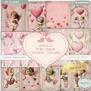 Feuille de collage de journal indésirable de rêve rose de Cupidon, joyeuse Saint-Valentin, coeur, ange, amour vintage, époque victorienne nostalgique, imprimable numérique