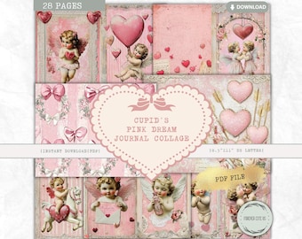 Cupid's Pink Dream Junk Journal Collage Sheet, Happy Valentine's Day, Heart, Angel, Love Vintage, Nostalgic Victorian Era, Digital Printable