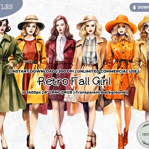 Bundle de cliparts fille automne rétro, automne, illustration de mode, fille de l'agenda, vintage, Paper Doll PNG, scrapbooking journal indésirable artisanat en papier