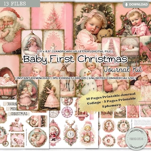 Baby erste Weihnachten Junk Journal Kit, Rosa Weihnachten, Collage Sheet, Ephemera, Winter, Urlaub, shabby, Vintage, Rosen, Pastell, printable