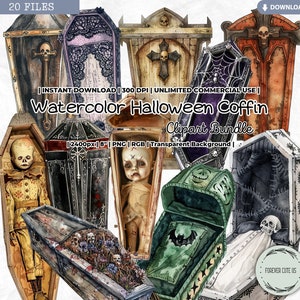 Aquarell Halloween Sarg Clipart Bundle, Leiche, Tod, Beerdigung, Gruselige Puppe, Retro, Vintage, Horror, Printable PNG Junk Journal Ephemera
