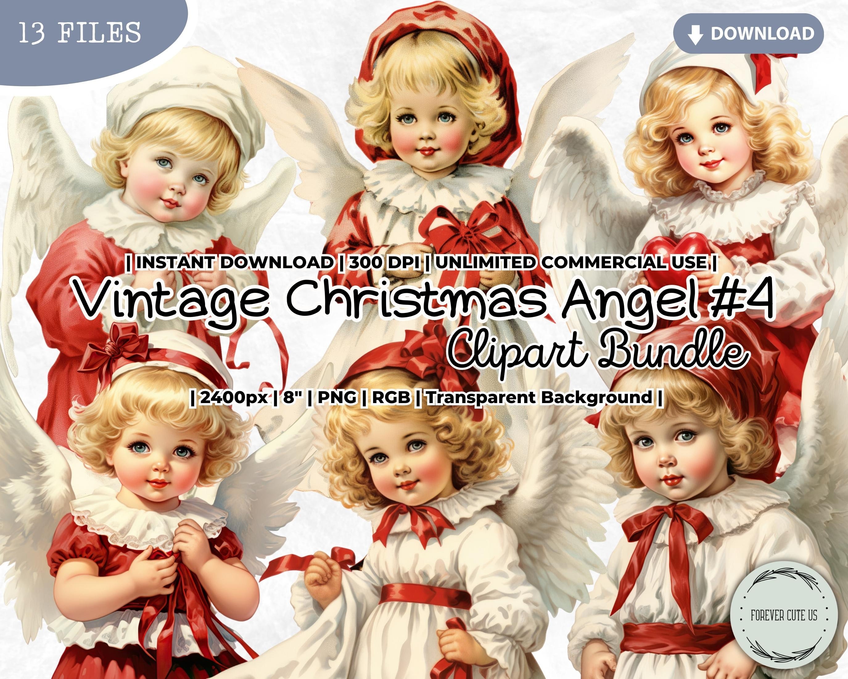 Vintage Christmas Angel Clipart Bundle, Boy, Girl, Santa Hat, Victorian Dress, Holidays, Winter, PNG, Scrapbook, Junk Journal Paper Crafts