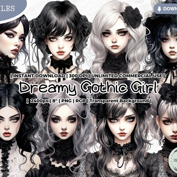 Dreamy Gothic Girl Clipart Bundle, Dark, Goth Girl, Vintage, Choker, Doll, Fashion, Victorian, Printable, PNG Scrapbook Junk Journal Craft