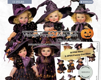 Vintage Purple Little Witch Clipart Bundle, Black Cat, Retro, Pumpkin, Doll, Fashion, Victorian, Printable, PNG Scrapbook Fussy Cut, Journal