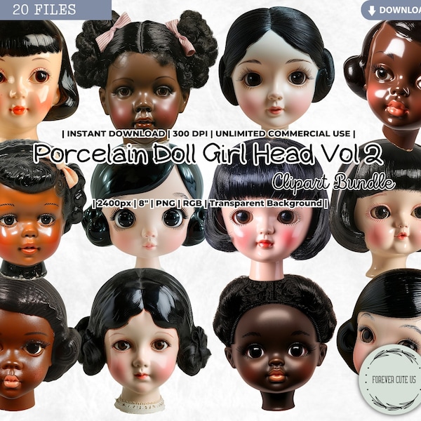 Porcelain Doll Girl Head Clipart Bundle, Vintage, Retro, Antique, Paper Doll, Black Girl, Digital, PNG, Scrapbook Junk Journal, Printable