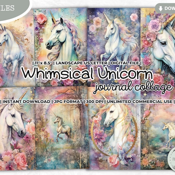 Whimsical Unicorn Junk Journal Collage Sheet, Magical, Garden, Rainbow, Fantasy, Forest, Fairytale, Ethereal, Enchanted, Printable Digital