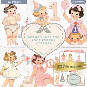 Nostalgie bébé fille premier anniversaire Clipart, Invitation de fête d'anniversaire d'un an rétro vintage, fracas de gâteau, étape importante de bébé, fabrication de cartes PNG