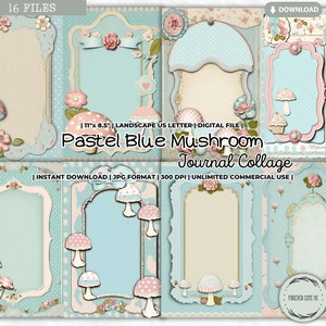 Folha de colagem de diário de cogumelo azul pastel, fungos, cogumelo venenoso, caprichoso, cottagecore, floresta, chique gasto, encantado, papel para impressão