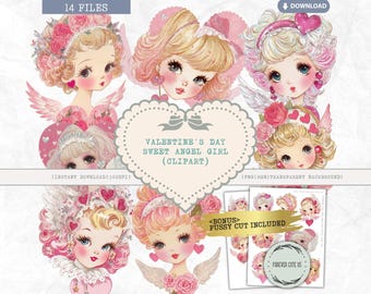 Valentine Day Sweet Angel Girl Clipart, Cupid, Valentine's Day Cherub, Wings, Heart, Vintage, Retro, PNG, Fussy Cut, Digital Sticker, Doll