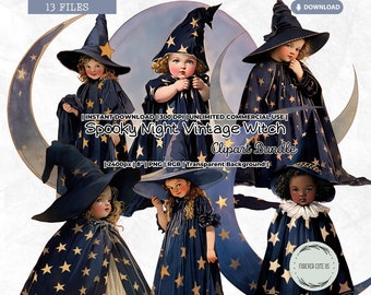 Spooky Night Vintage Witch Clipart Bundle, Retro, Halloween, Star, Crescent Moon, Celestial, Doll, Printable, PNG Scrapbook Junk Journal
