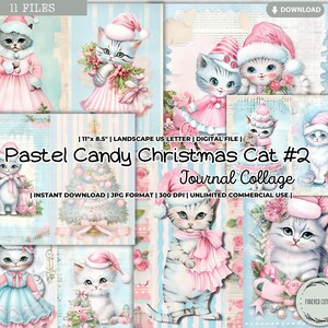 Feuille de collage pastel bonbon de Noël chat, hiver, vacances, shabby chic, vintage, roses, papier imprimable, téléchargement numérique
