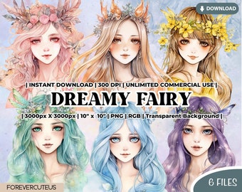 Dreamy Fairy Clipart, Enchanted Forest, Watercolor Fairies Clipart, Magic Wand, Fantasy Fairy Png, Planner Sticker, Kawaii Fairies Png