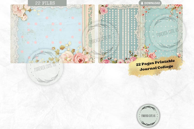 Lovely Blue Polka Dot Junk Journal Collage Sheet, Shabby Chic, Soft