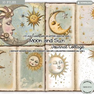Moon and Sun Junk Journal Collage Page, Galaxy, Goddess, Moonlight, Celestial, Star, Printable Paper, Shabby, Pages, Scrapbooking, Digital