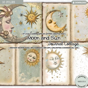 May include: A digital collage of 10 printable journal pages featuring whimsical illustrations of moons and suns with faces. The pages are in a vintage style with a light blue background and gold glitter accents. The text "Moon and Sun Journal Collage" is included on the page.