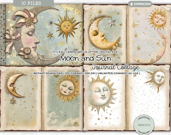 Moon and Sun Junk Journal Collage Page, Galaxy, Goddess, Moonlight, Celestial, Star, Printable Paper, Shabby, Pages, Scrapbooking, Digital