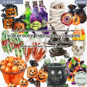 Watercolor Halloween Candies Clipart, Trick or Treat, Candy Corn, Goodies, Sweet Treat, Vintage, Retro Printable PNG Scrapbook Junk Journal