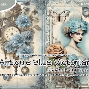 Antique Blue Victorian Junk Journal Collage Sheet, Vintage, Shabby Chic, Scrapbooking Paper, Digital Paper, Digital Kit, Printable Paper