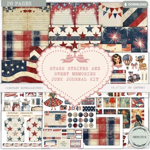 Stars Stripes and Sweet Memories Junk Journal Kit, vintage 4 juli patriottische ephemera, Americana afdrukbare pagina's pdf VS retro digitaal
