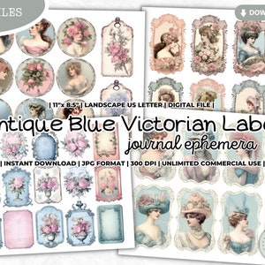 Antique Blue Victorian Label, Junk Journal Ephemera, Vintage, Shabby Chic, Kit, Scrapbooking, Digital Kit, Printable, Stickers, Fussy Cut