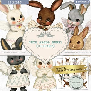 Cute Angel Bunny Clipart Bundle PNG, Vintage Style Easter Rabbits with Wings, Pastel Fussy Cut Printable for Scrapbook Junk Journal Crafts