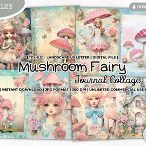 Foglio collage di diario delle fate dei funghi, pagine di diario spazzatura, carta, shabby chic, incantato, fiaba pastello, scrapbooking, effimero, stampabile