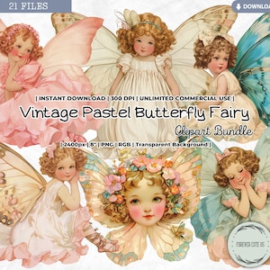 Bundle de clipart fée papillon pastel vintage, rétro, petite fille, conte de fées, été, printemps, PNG Junk Journal Paper Craft Scrapbooking
