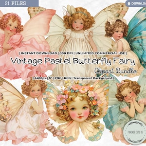 Vintage Pastel Butterfly Fairy Clipart Bundle, Retro, Little Girl, Fairytale, Summer, Spring, PNG Junk Journal Paper Craft Scrapbooking