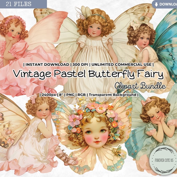 Vintage Pastel Butterfly Fairy Clipart Bundle, Retro, Little Girl, Fairytale, Summer, Spring, PNG Junk Journal Paper Craft Scrapbooking