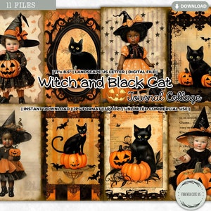 Witch and Black Cat Journal Collage, Halloween Pumpkin, Girl, Printable Paper, Junk Journal Kit, Scrapbooking, Card making, Digital Download