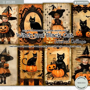 Witch and Black Cat Journal Collage, Halloween Pumpkin, Girl, Printable Paper, Junk Journal Kit, Scrapbooking, Card making, Digital Download