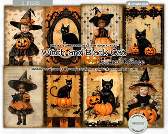 Witch and Black Cat Journal Collage, Halloween Pumpkin, Girl, Printable Paper, Junk Journal Kit, Scrapbooking, Card making, Digital Download