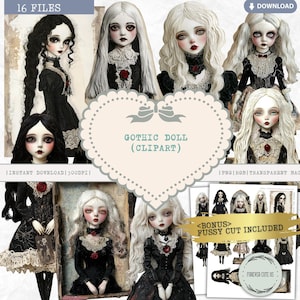 Gothic Doll Clipart, Vintage Porcelain Doll, Victorian Retro Dark Aesthetic Girl, Halloween, PNG Paper Doll Printable Scrapbook Junk Journal