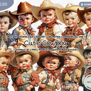 Cute Cowboy Clipart Bundle, Baby Cowboy, Watercolor, Western, Hat, Boots, Wild West, Sublimation, PNG, Scrapbook Junk Journal Paper Crafts