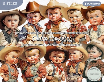 Cute Cowboy Clipart Bundle, Baby Cowboy, Watercolor, Western, Hat, Boots, Wild West, Sublimation, PNG, Scrapbook Junk Journal Paper Crafts