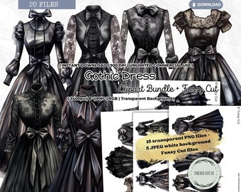 Gothic Dress Clipart Bundle, Dark, Goth, Witch, Lace, Choker, Doll, Fashion, Victorian, Printable, Fussy Cut, PNG Scrapbook Junk Journal