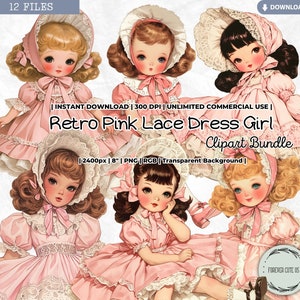 Retro Pink Lace Dress Girl Clipart Set, Vintage, Lolita, Kawaii, Victorian, Edwardian, Paper Doll, PNG, Scrapbooking, Junk Journal Ephemera