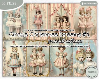 Circus Christmas Dreams Junk Journal Collage Sheet, Fun Fair, Pastel, Girls, Vintage, Victorian, Shabby, Kit, Scrapbooking, Digital Paper