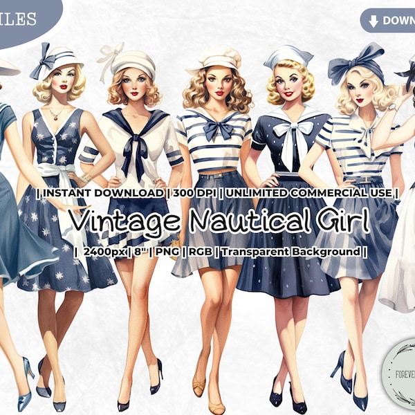Vintage Nautical Girl Clipart Bundle, Retro, Anchor, Summer, Stripe, Patriotic, Paper Doll, PNG, Scrapbook Junk Journal Paper Crafts