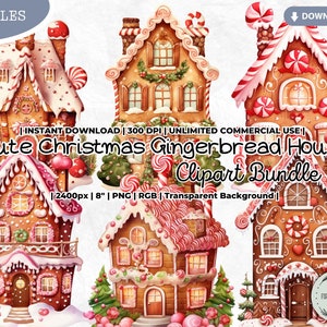 Cute Christmas Gingerbread House Clipart Set, Candy Cane, Peppermint, Candy Land, Snow, Holidays, PNG, Scrapbook, Junk Journal Paper Crafts