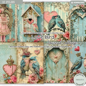 Love Bird Journal Collage Sheet, Valentine, Retro, Love, Vintage, Nostalgic, Heart, Victorian Era, Scrapbook, Digital Printable Papers