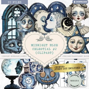 Puede incluir: Un conjunto de 22 imágenes de clipart digital con un esquema de color azul medianoche con elementos celestiales y góticos. Las imágenes incluyen un gato, una luna, una estrella, una casa, un libro, una calabaza y una botella. El texto "Midnight Blue Celestial #2 (Clipart)" se muestra en un marco en forma de corazón.
