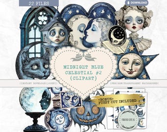 Middernachtsblauwe hemelse clipart vol 2 PNG, maangezicht, ster, gotisch meisje, donkere fantasie, kieskeurige snede afdrukbaar voor scrapbook junk Journal Crafts