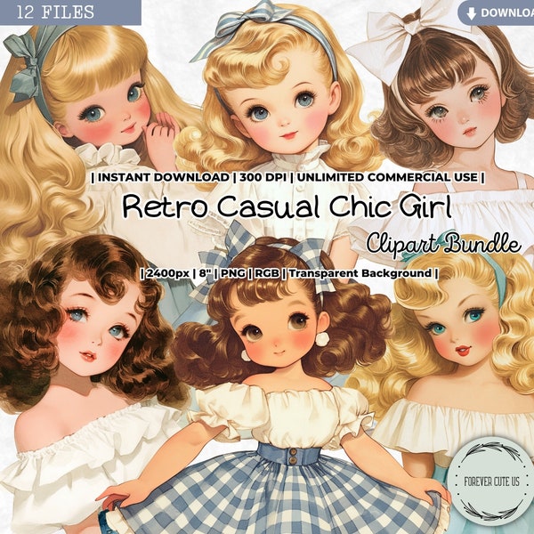 Retro Casual Chic Girl Clipart, Classic, Fashion, Denim, Off Shoulder, Summer, Vintage, Paper Doll, PNG Scrapbook Junk Journal Printable
