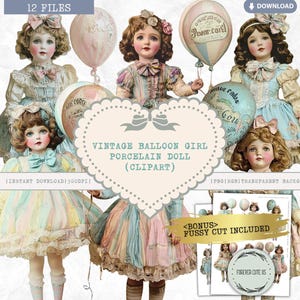 Vintage ballon meisje porseleinen pop clipart, verjaardagsfeestje, circus, antiek, zachte pastel, png plakboek ongewenste dagboek afdrukbare ephemera