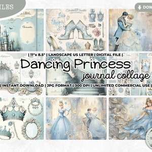 Tanzende Prinzessin Junk Journal Collage Sheet, Märchen, Aschenputtel inspiriert, Fantasy Kit, Papiermodelle, Printable Digital Journal Paper Seite