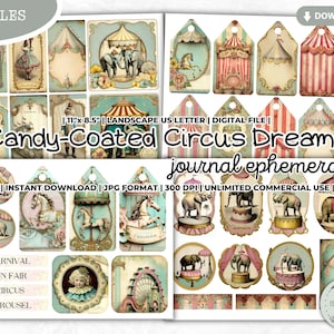 Candy Coated Circus Dreams Junk Journal Ephemera, Tag, Label, Sticker, Washi Tapes, Fun Fair, Pastel, Carousel, Horse, Elephant, Printable